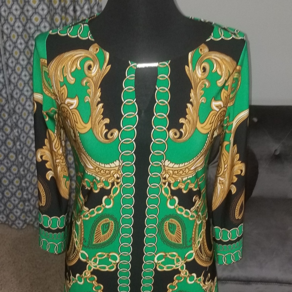 Green and gold print dress